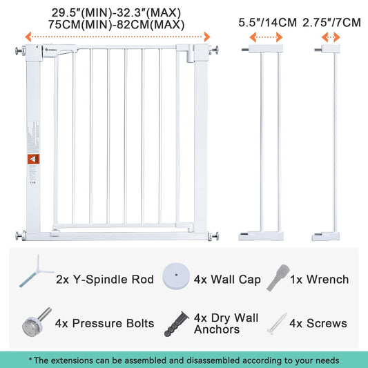 New COMOMY 30" Tall Baby Gate for Stairs Doorways, Fits Openings 29.5" to 40.5" Wide (White) - Kidsy