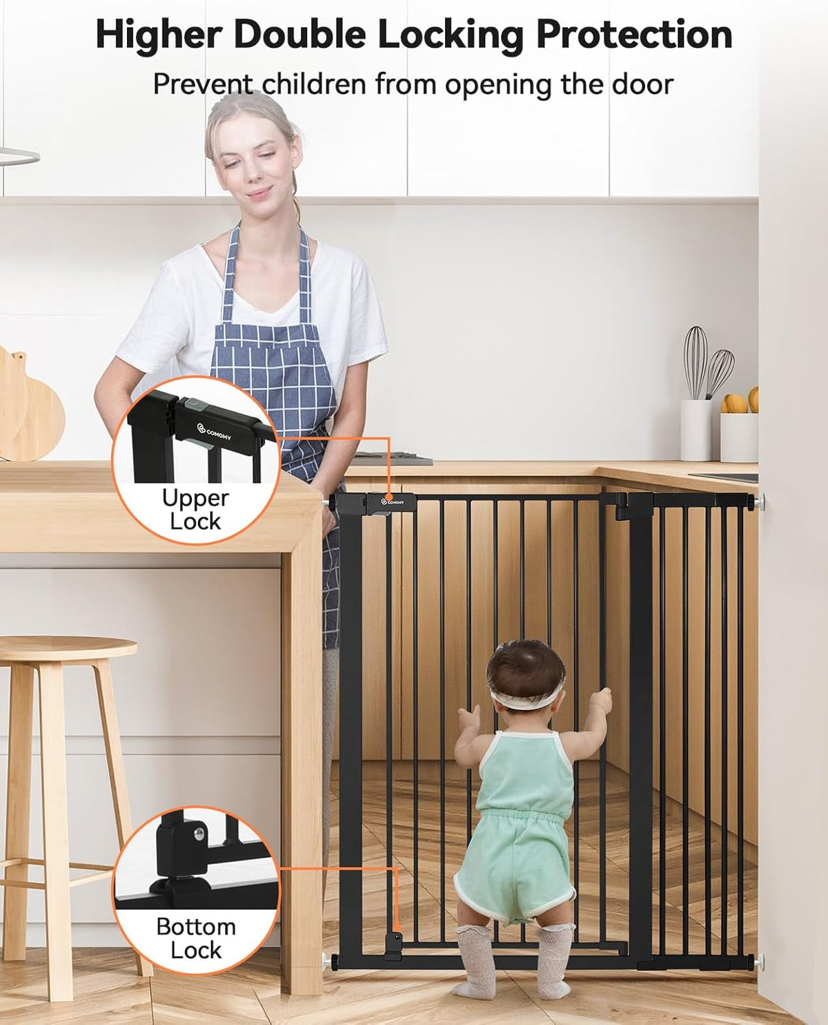 New COMOMY 42" Extra Tall Baby Gate for Stairs Doorways, Fits Openings 29.5" to 40.6" Wide (Black) - Kidsy
