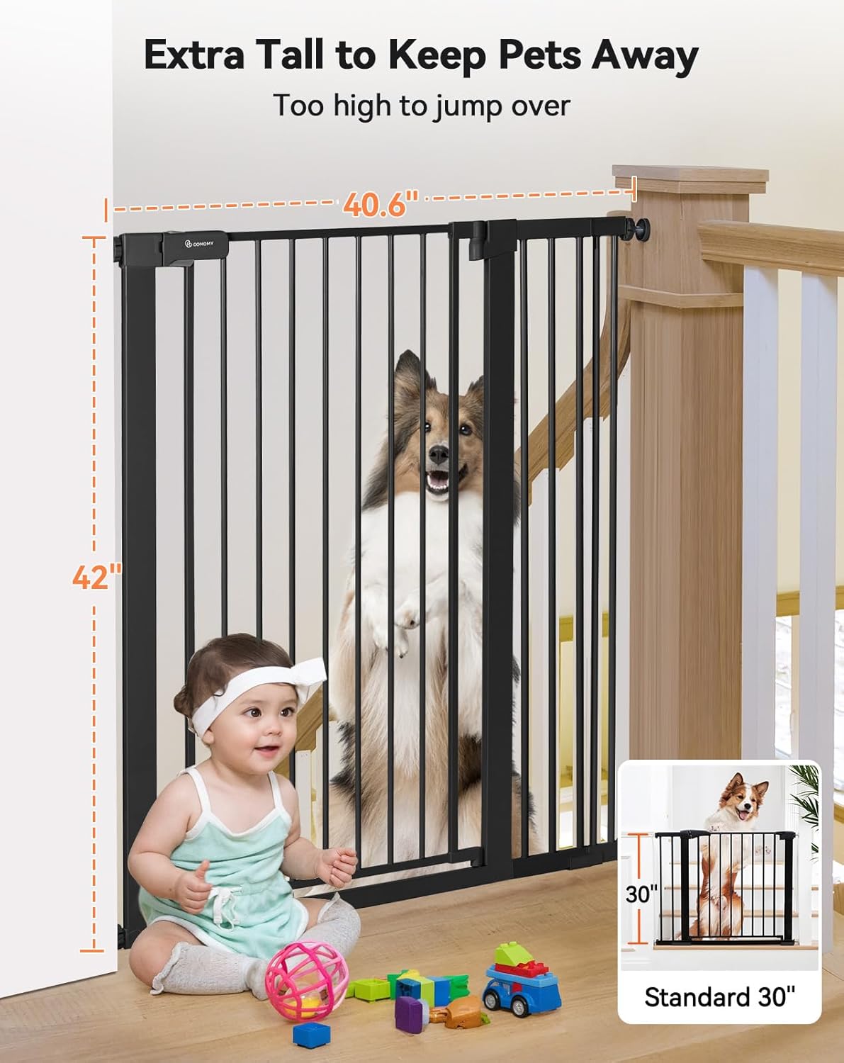 New COMOMY 42" Extra Tall Baby Gate for Stairs Doorways, Fits Openings 29.5" to 40.6" Wide (Black) - Kidsy