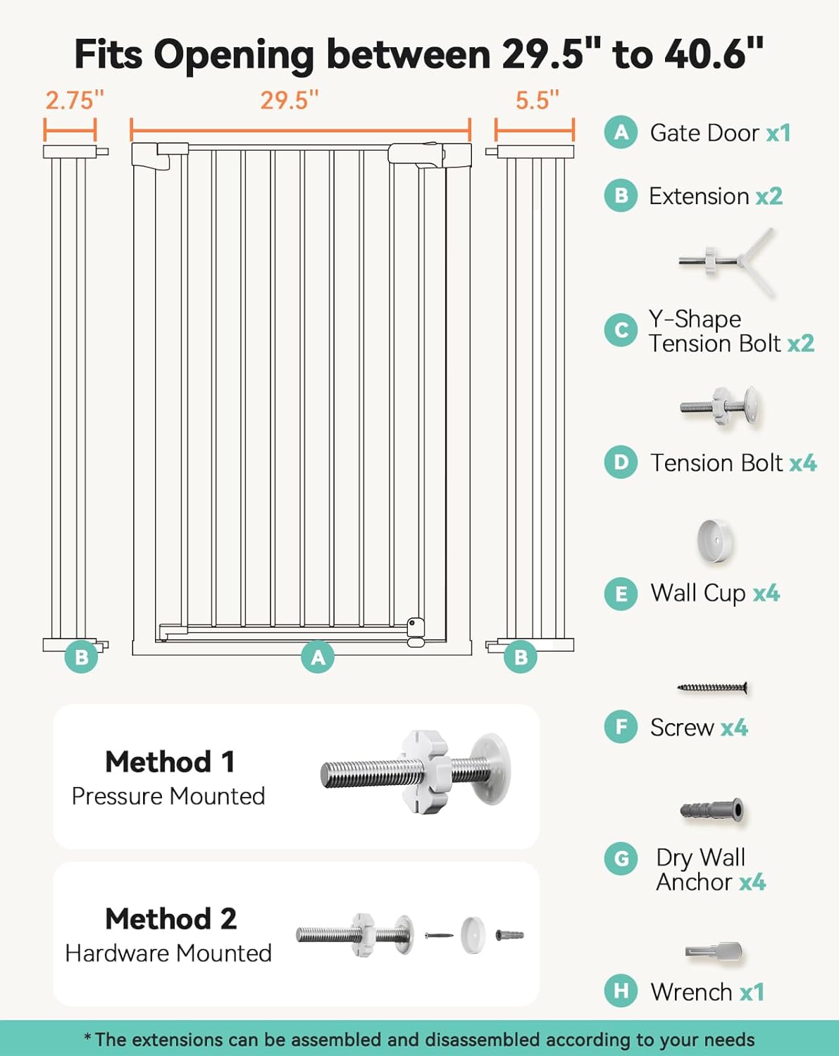 New COMOMY 42" Extra Tall Baby Gate for Stairs Doorways, Fits Openings 29.5" to 40.6" Wide (White) - Kidsy