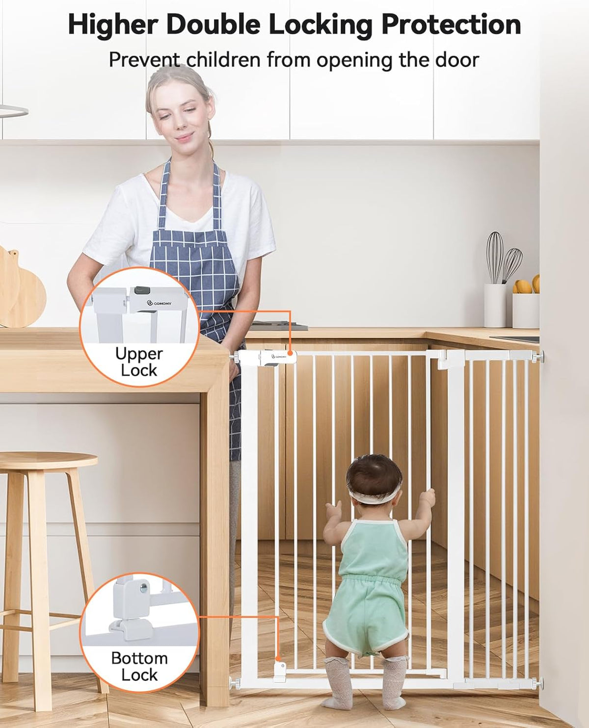 New COMOMY 42" Extra Tall Baby Gate for Stairs Doorways, Fits Openings 29.5" to 40.6" Wide (White) - Kidsy