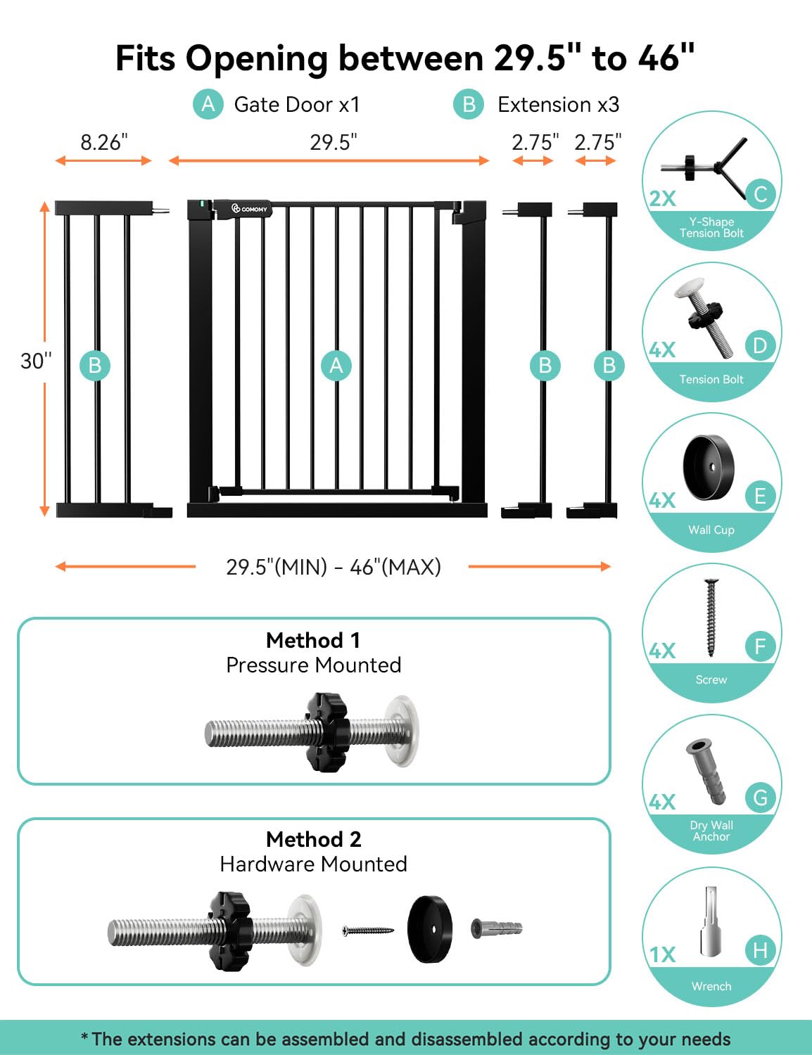 New COMOMY Baby Gate, 29.5–46 Inches with Auto Close (Black) - Kidsy