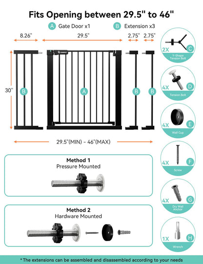 New COMOMY Baby Gate, 29.5–46 Inches with Auto Close (Black) - Kidsy
