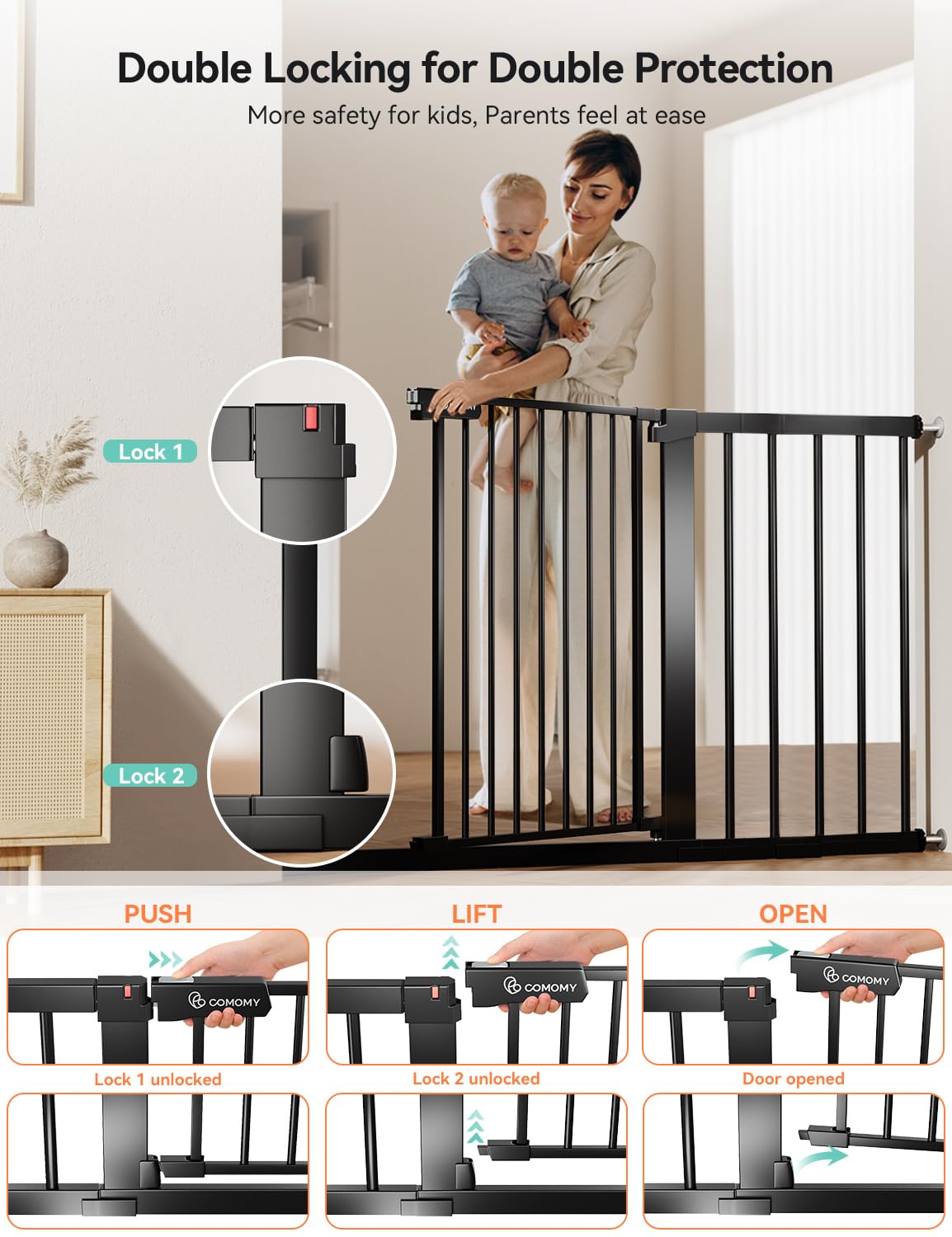 New COMOMY Baby Gate, 29.5–46 Inches with Auto Close (Black) - Kidsy