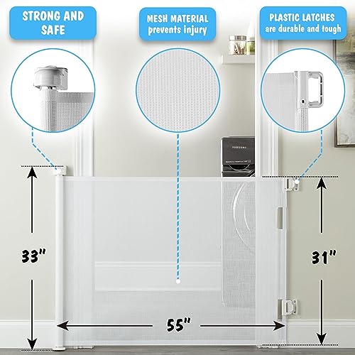 New Cumbor Baby Gate Retractable Gates for Stairs Pet Gate Up to 55" Wide (White) - Kidsy