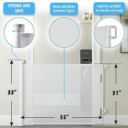 New Cumbor Baby Gate Retractable Gates for Stairs Pet Gate Up to 55" Wide (White) - Kidsy