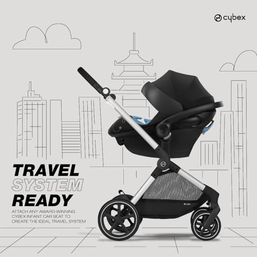 New Cybex EOS 5 - in - 1 Travel System Stroller + Lightweight Aton G Infant Car Seat (Moon Black, Silver Frame) - Kidsy