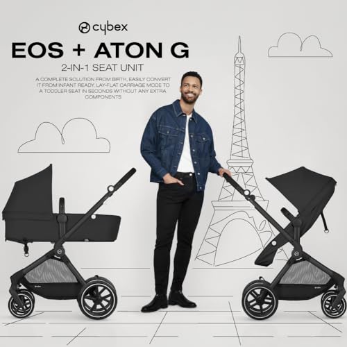 New Cybex EOS 5 - in - 1 Travel System Stroller + Lightweight Aton G Infant Car Seat (Moon Black, Silver Frame) - Kidsy