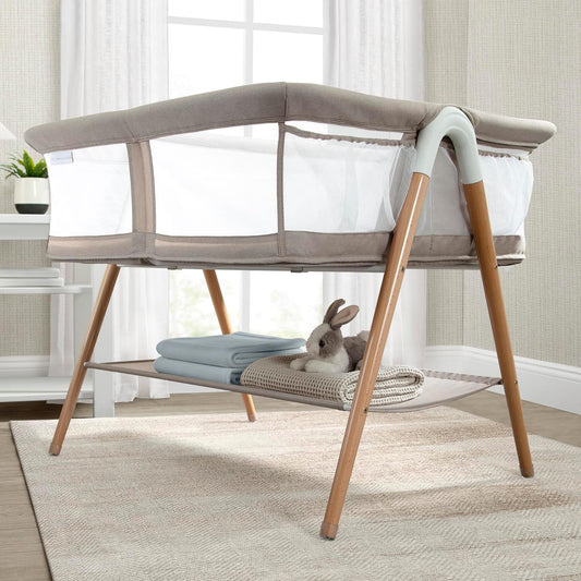 New Delta Children Bondi Beechwood Twin Bassinet (Tan) - Kidsy