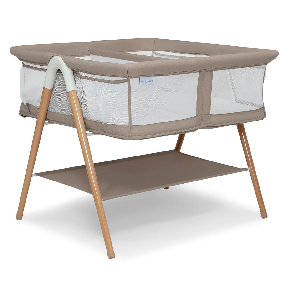 New Delta Children Bondi Beechwood Twin Bassinet (Tan) - Kidsy