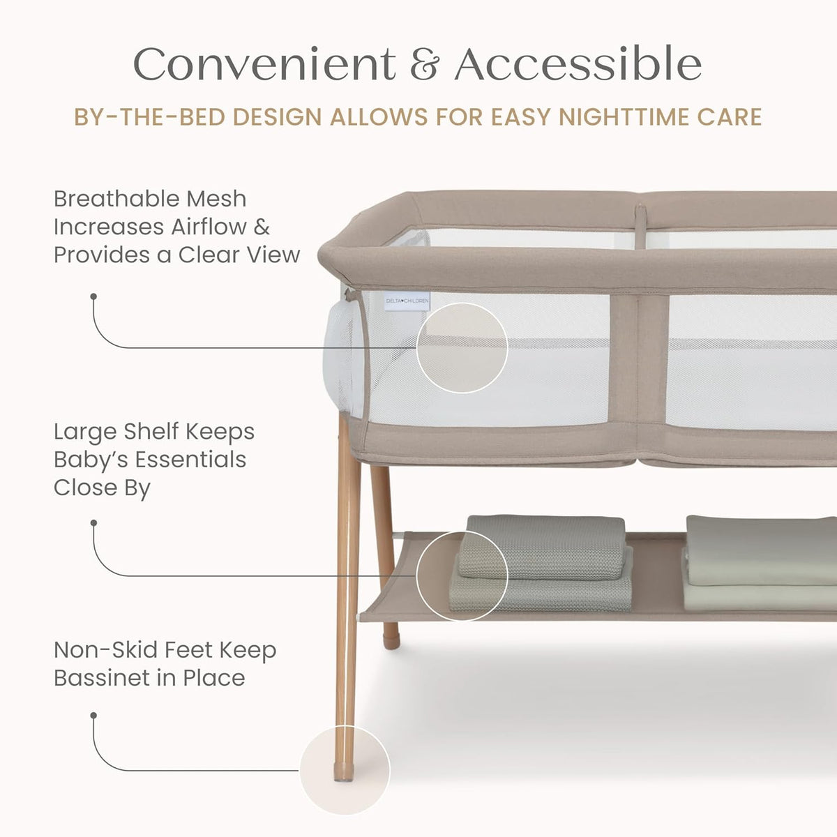 New Delta Children Bondi Beechwood Twin Bassinet (Tan) - Kidsy