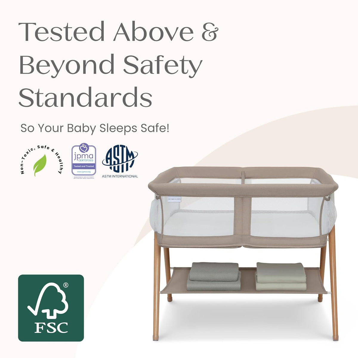 New Delta Children Bondi Beechwood Twin Bassinet (Tan) - Kidsy