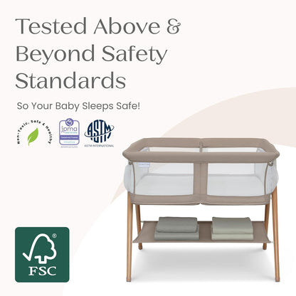 New Delta Children Bondi Beechwood Twin Bassinet (Tan) - Kidsy