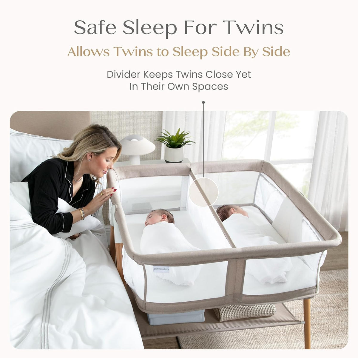 New Delta Children Bondi Beechwood Twin Bassinet (Tan) - Kidsy