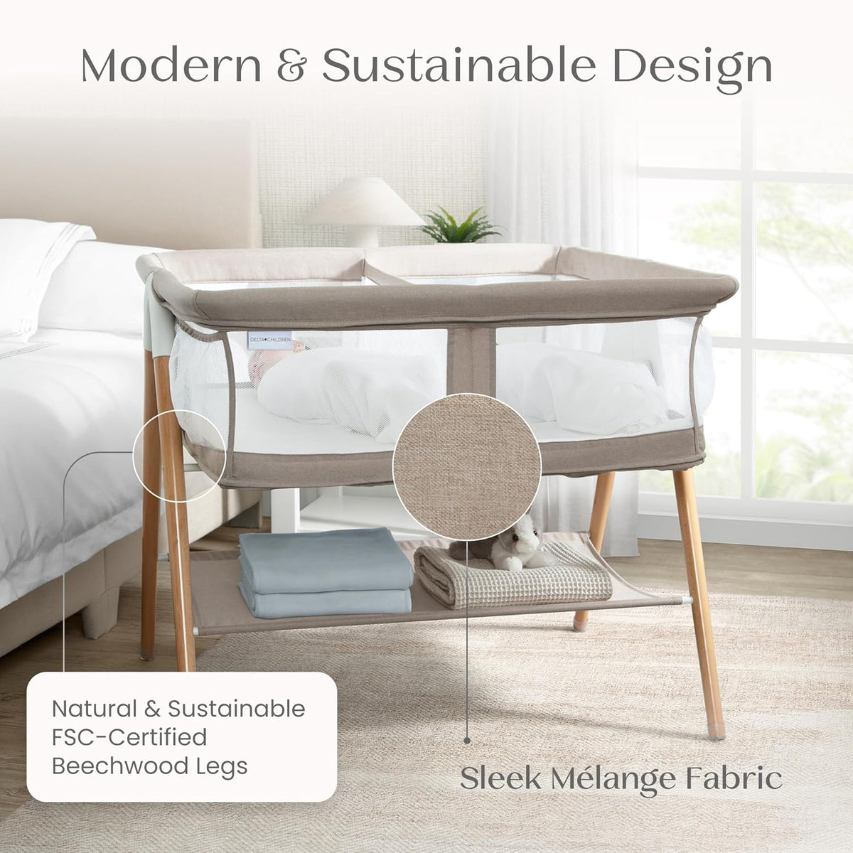 New Delta Children Bondi Beechwood Twin Bassinet (Tan) - Kidsy