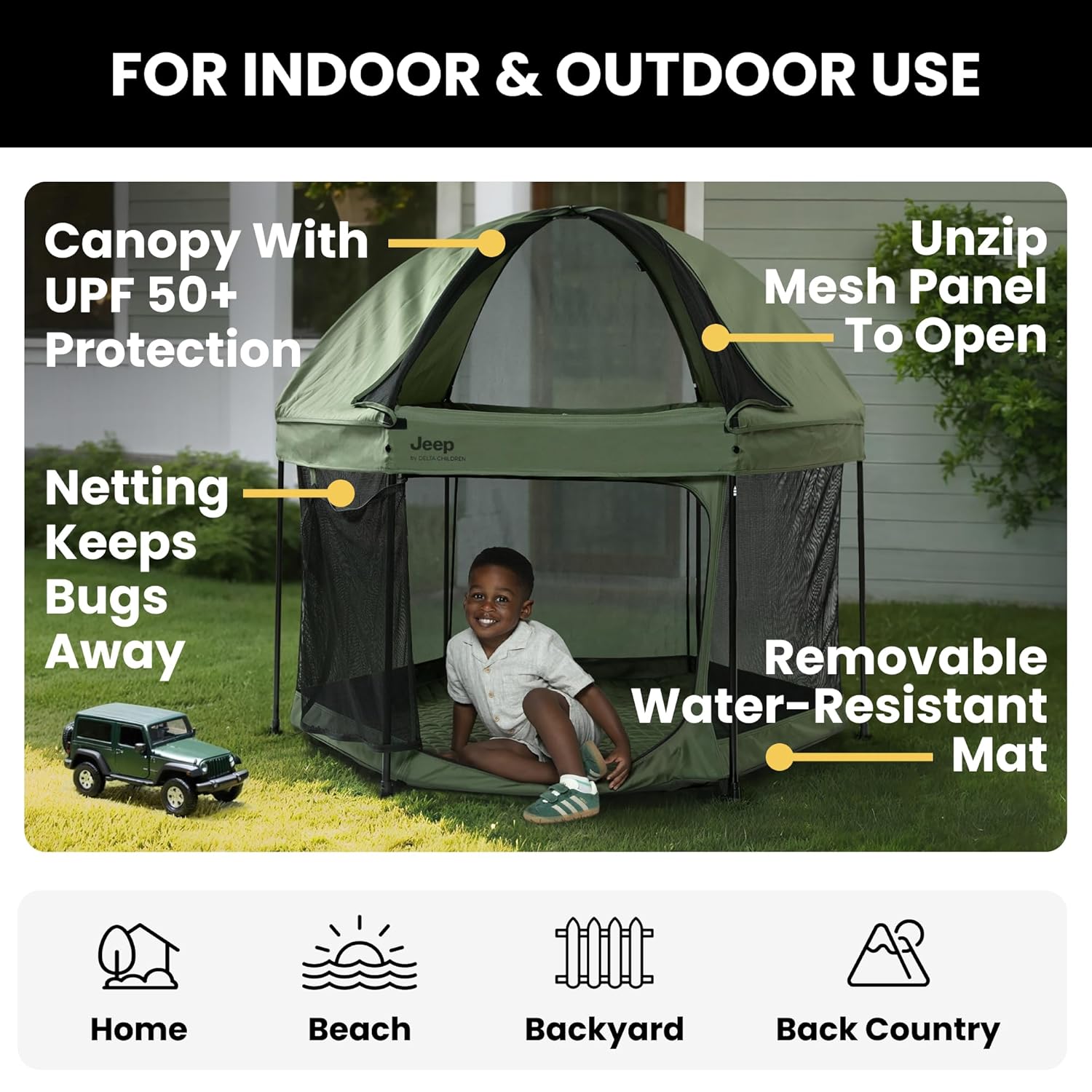 New Delta Children Jeep Hexagon Pop Up Play Yard with Removable Canopy (Olive Green) - Kidsy