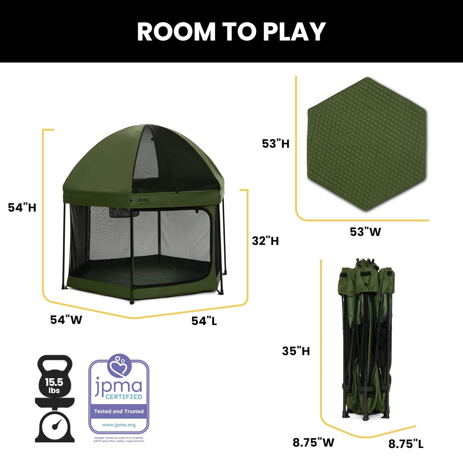 New Delta Children Jeep Hexagon Pop Up Play Yard with Removable Canopy (Olive Green) - Kidsy