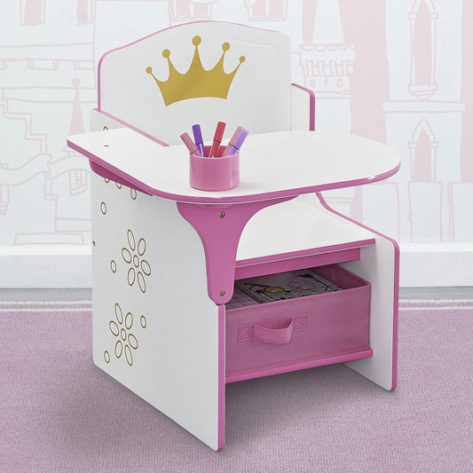 New Delta Children Princess Crown Chair Desk with Storage Bin (White/Pink) - Kidsy