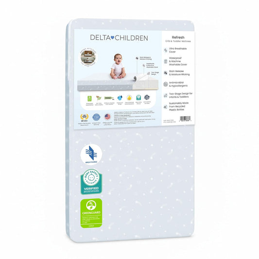 New Delta Children Refresh 2-Stage Crib Mattress with Waterproof Cover (Blue) - Kidsy