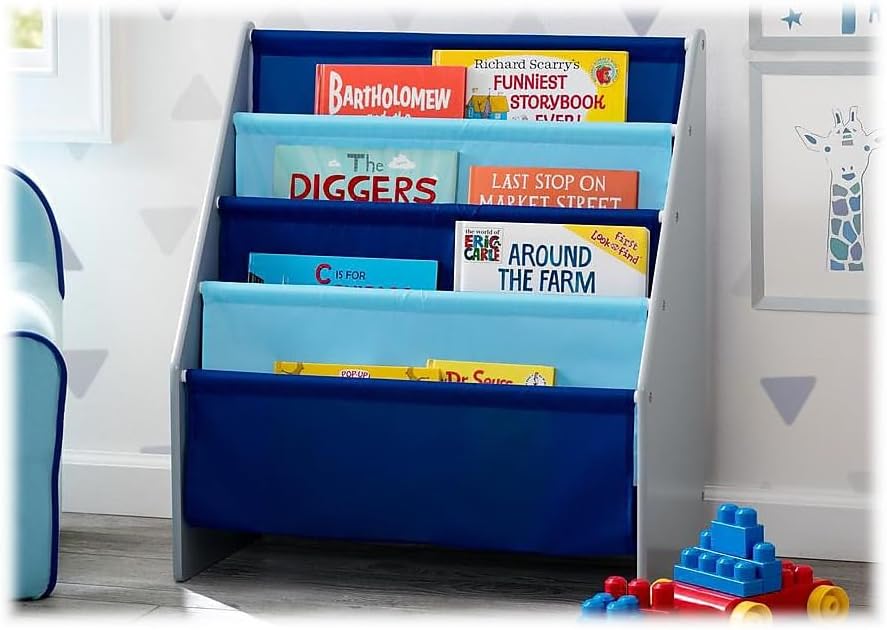 New Delta Children Sling Book Rack Bookshelf for Kids (Grey/Blue) - Kidsy