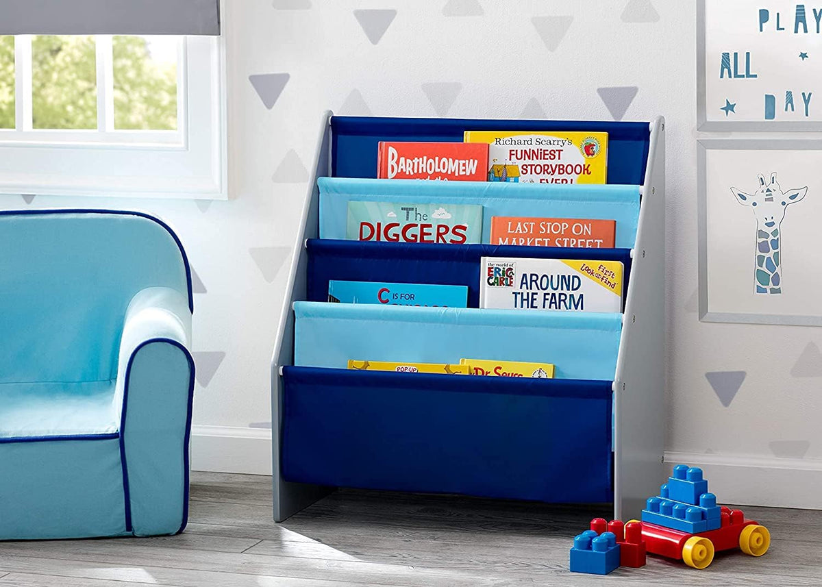 New Delta Children Sling Book Rack Bookshelf for Kids (Grey/Blue) - Kidsy