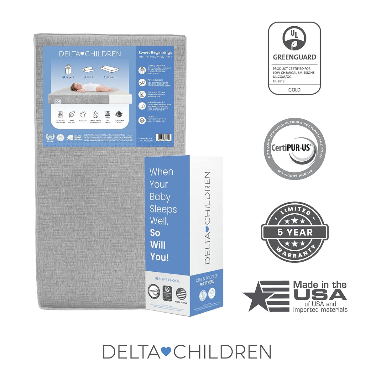 New Delta Children Sweet Beginnings 2-Stage Crib Mattress (Grey) - Kidsy