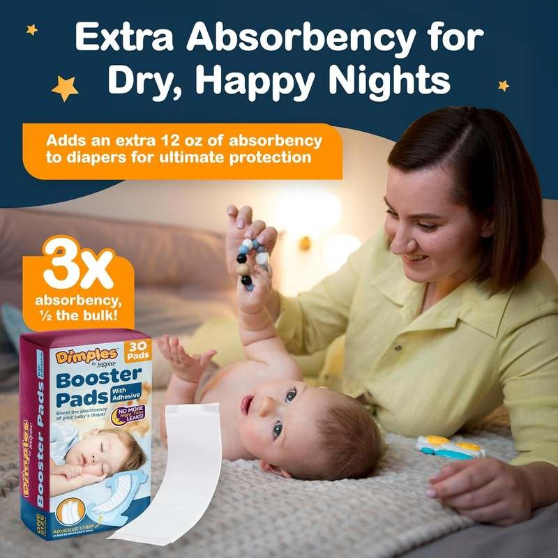 New Dimples Booster Pads, Baby Diaper Doubler with Adhesive for Secure Fit | 1 Size Fits All Diapers (30 Count) - Kidsy
