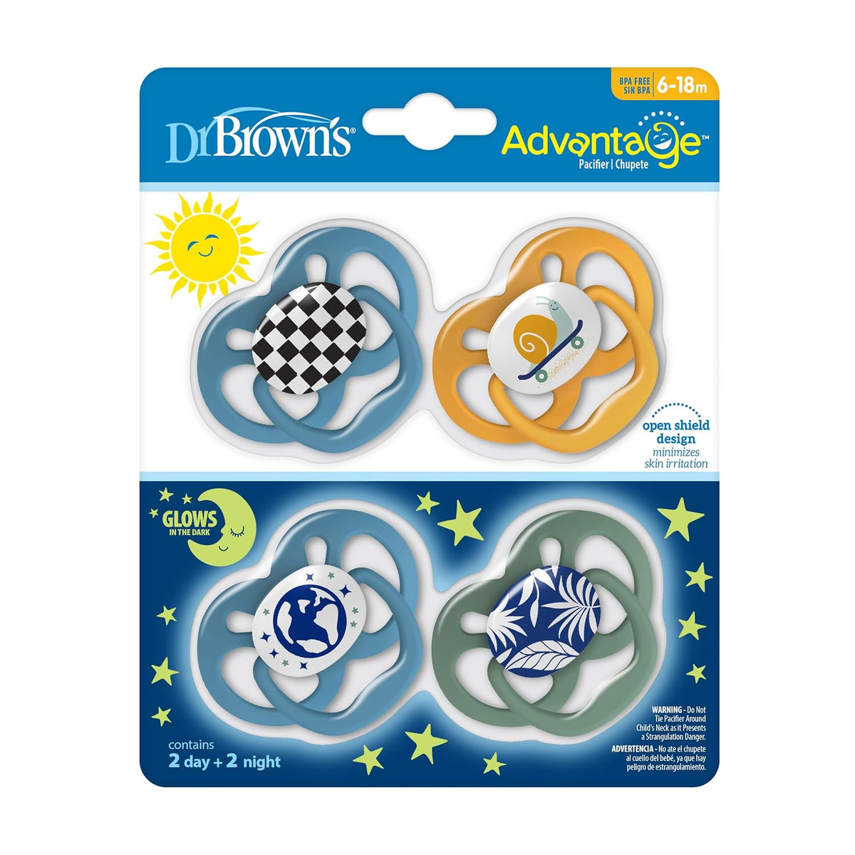 New Dr. Brown's Advantage Glow-in-The-Dark Baby Pacifier Skateboard Snail-Blue Nature, 6-18m - Kidsy