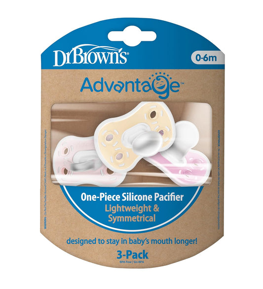New Dr. Brown's Advantage One - Piece Silicone Baby Pacifier, 0 - 6m, BPA - Free, 3 - Pack (Ecru/Light Pink/Pink) - Kidsy