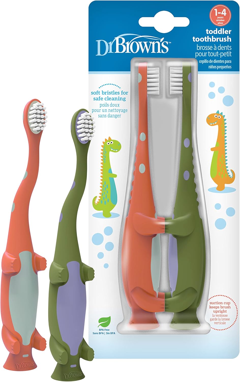 New Dr. Brown's Baby and Toddler Toothbrush, Green and Orange Dinosaur 2 - Pack, 1 - 4 Years - Kidsy