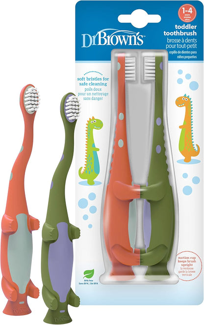 New Dr. Brown's Baby and Toddler Toothbrush, Green and Orange Dinosaur 2 - Pack, 1 - 4 Years - Kidsy
