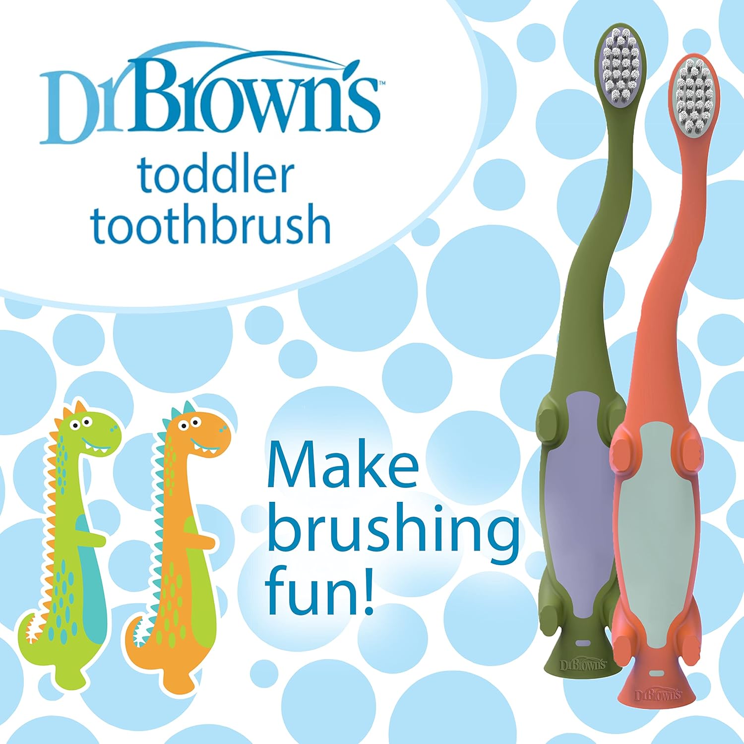 New Dr. Brown's Baby and Toddler Toothbrush, Green and Orange Dinosaur 2 - Pack, 1 - 4 Years - Kidsy