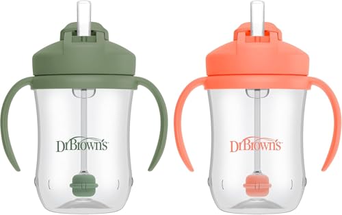 New Dr. Brown's Milestones Baby's First Straw Cup, Training Cup 9 oz/270 mL, 6m+, 2 - Pack (Coral/Olive Green) - Kidsy