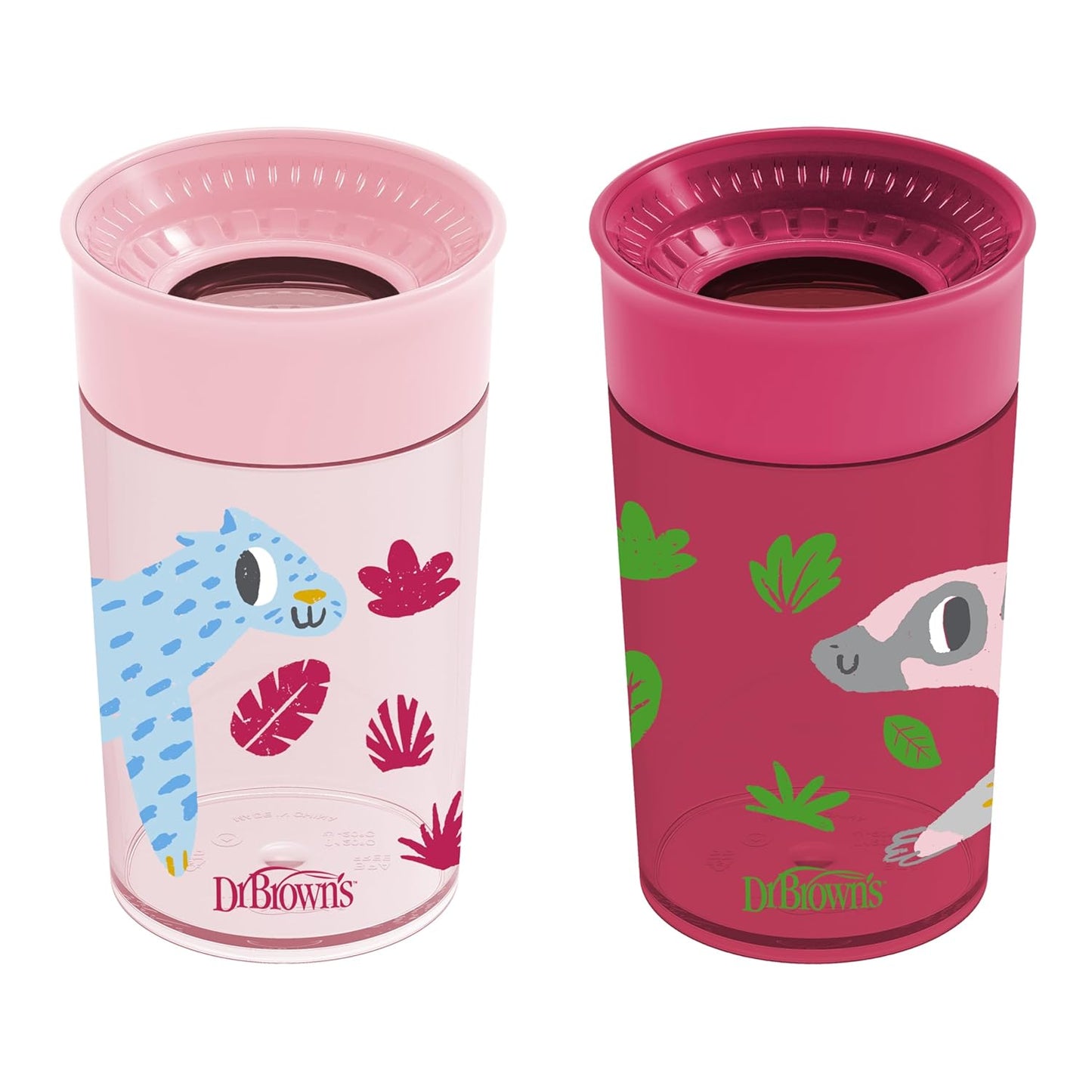 New Dr. Brown's Milestones Cheers 360 Cup Spoutless Transition Cup, Pink Leopard – Red Lemur, 10 oz/300 mL, 2 count (1 pack) - Kidsy