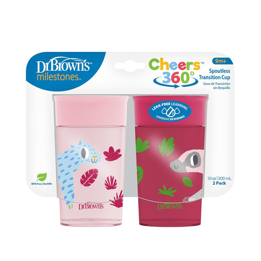 New Dr. Brown's Milestones Cheers 360 Cup Spoutless Transition Cup, Pink Leopard – Red Lemur, 10 oz/300 mL, 2 count (1 pack) - Kidsy