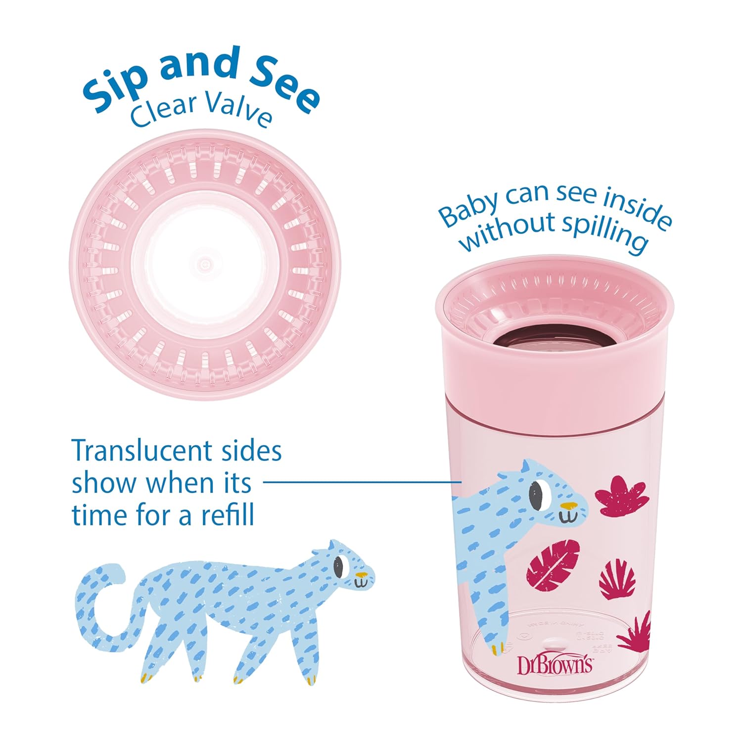 New Dr. Brown's Milestones Cheers 360 Cup Spoutless Transition Cup, Pink Leopard – Red Lemur, 10 oz/300 mL, 2 count (1 pack) - Kidsy
