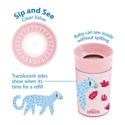 New Dr. Brown's Milestones Cheers 360 Cup Spoutless Transition Cup, Pink Leopard – Red Lemur, 10 oz/300 mL, 2 count (1 pack) - Kidsy