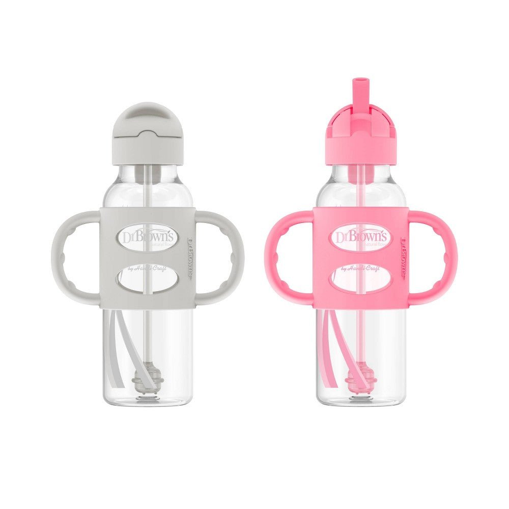 New Dr. Brown's Narrow Sippy Straw Bottle with Handles, 8 oz, 2-Pack (Gray & Pink) - Kidsy