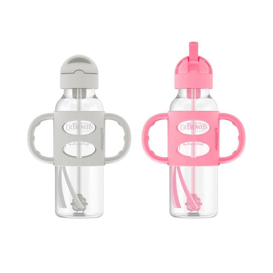 New Dr. Brown's Narrow Sippy Straw Bottle with Handles, 8 oz, 2-Pack (Gray & Pink) - Kidsy