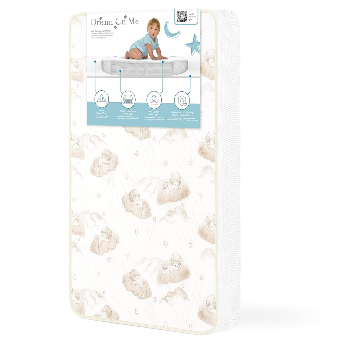 New Dream On Me 2-in-1 Dual-Sided Mini Crib Mattress with Waterproof Cover (White)