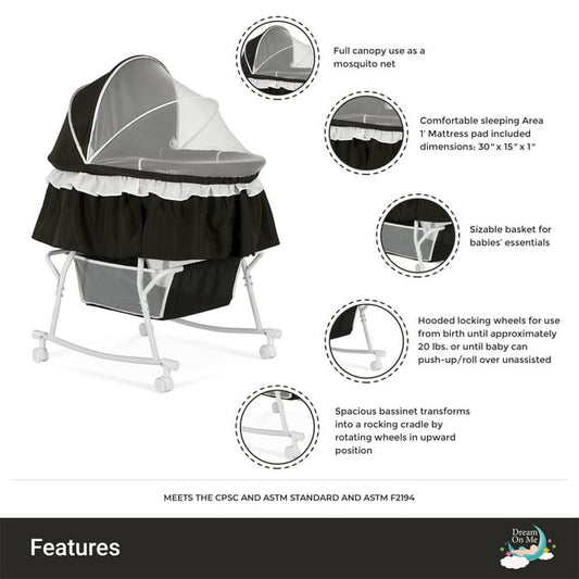 New Dream On Me Lacy 2 - in - 1 Portable Bassinet & Cradle (Black) - Kidsy