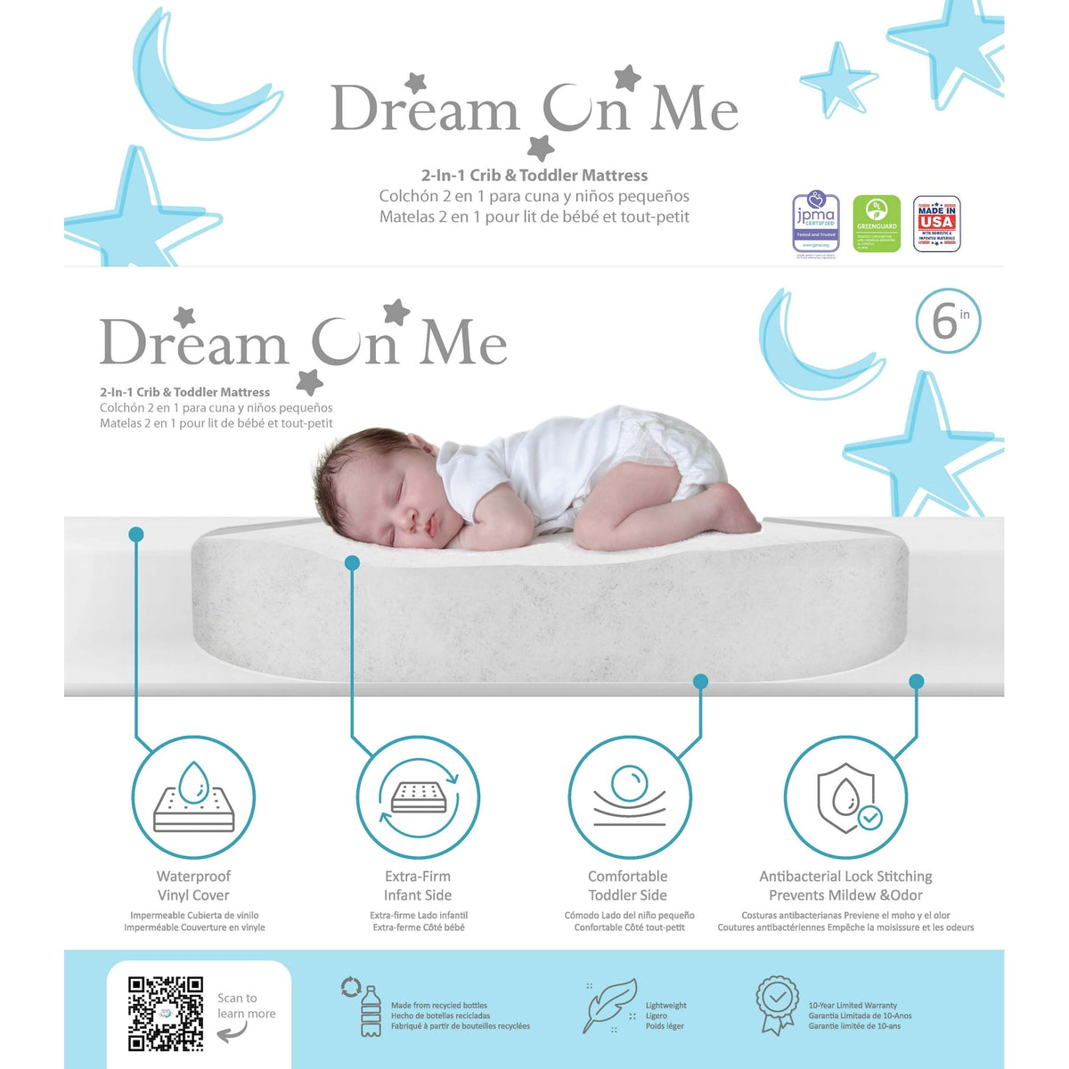 New Dream on Me Little Baby 6" Full Size Firm Crib & Toddler Bed Foam Mattress (White) - Kidsy