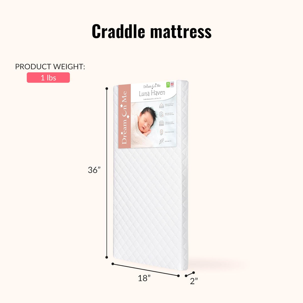 New Dream On Me Luna Haven 2-Inch Cradle Mattress 36" x 18" (White) - Kidsy