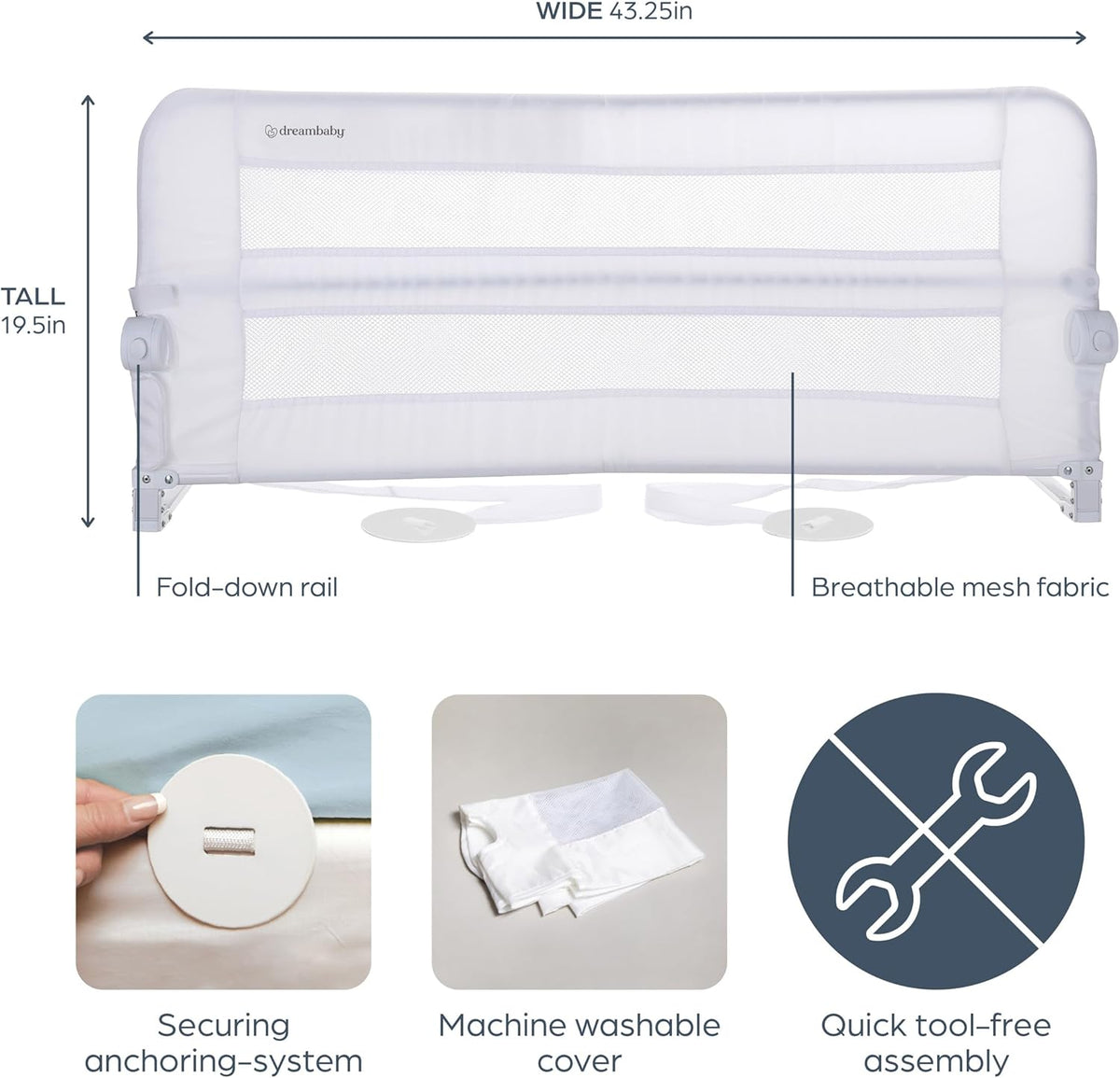 New Dreambaby Dallas Bed Rail Guard Toddlers Bed Rails 43.25" Wide & 19.5" Tall (White) - Kidsy