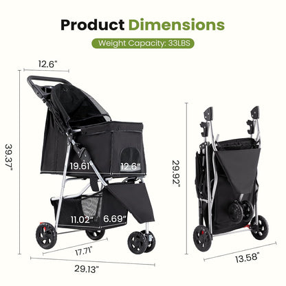 New DUMOS 3 Wheels Pet Stroller for Small Dogs and Cats (Black) - Kidsy