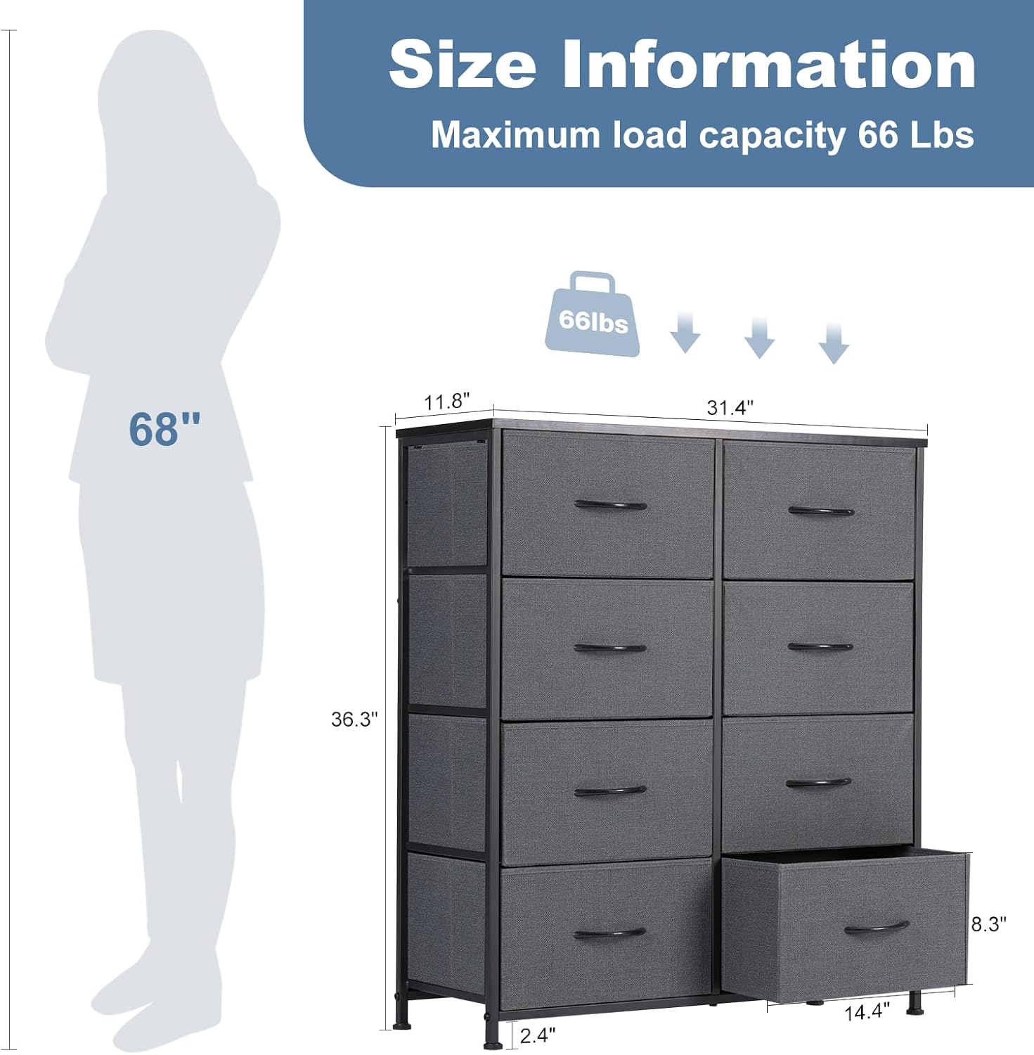 New DUMOS 8 Drawer Dresser for Bedroom, Fabric Storage Organizer (Grey) - Kidsy