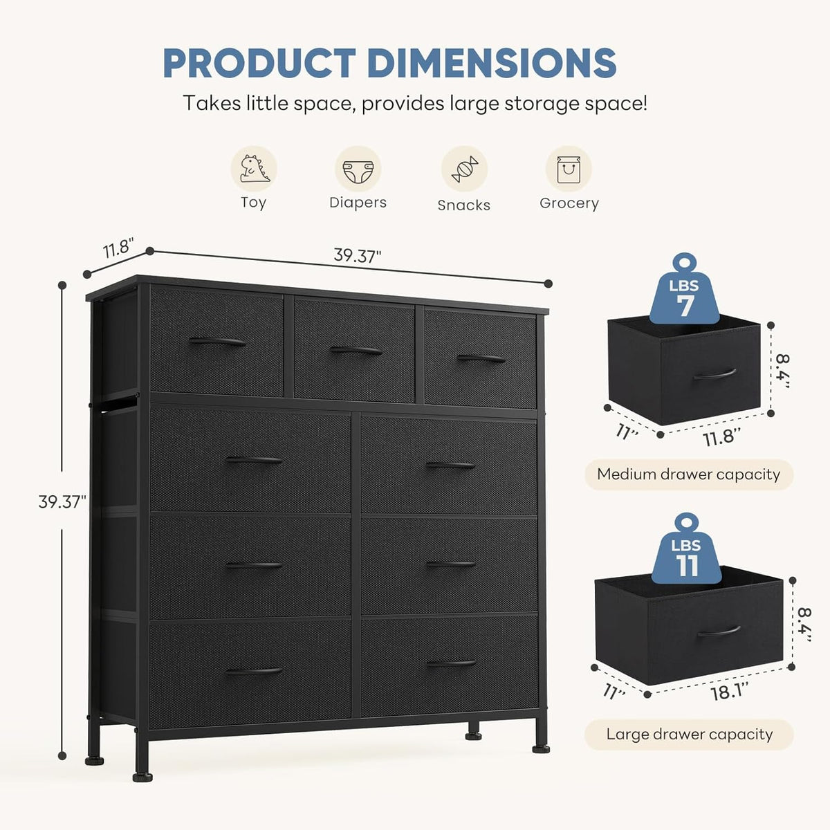 New DUMOS 9 Drawer Dresser for Bedroom, Fabric Storage Organizer with Sturdy Metal Frame (Matte Black) - Kidsy
