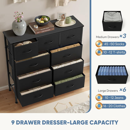 New DUMOS 9 Drawer Dresser for Bedroom, Fabric Storage Organizer with Sturdy Metal Frame (Matte Black) - Kidsy