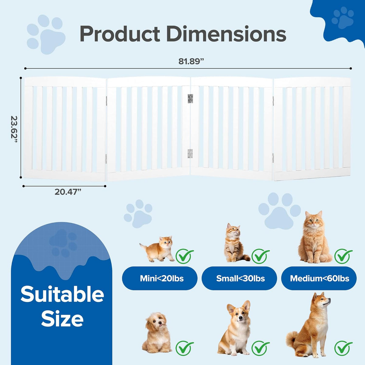 New DUMOS Pet Gate for Dogs and Cats, 24 Inch 4 Panels Foldable Wooden Freestanding Dog Gate (White) - Kidsy