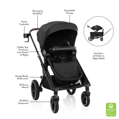 New Evenflo Transformer 2-Seat Convertible Stroller Wagon (Pitch Black) - Kidsy